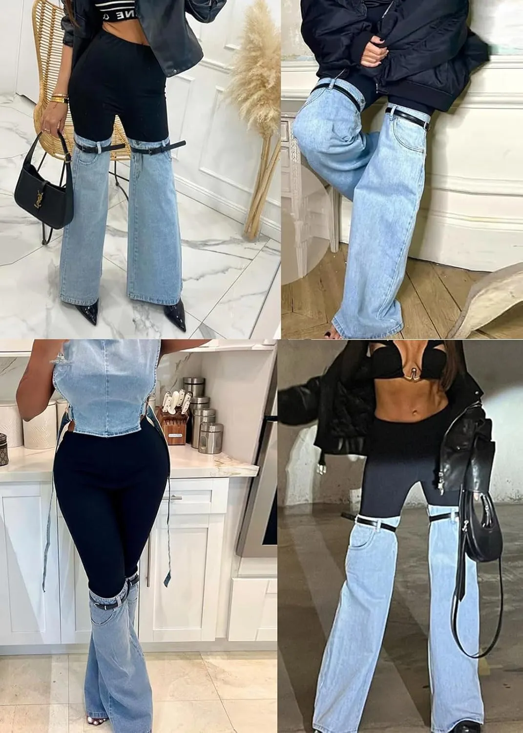Nihsatin Women's Two Tone Denim Patchwork Flared Pants High Waisted Color Block Bell Bottom Jeans Pants
