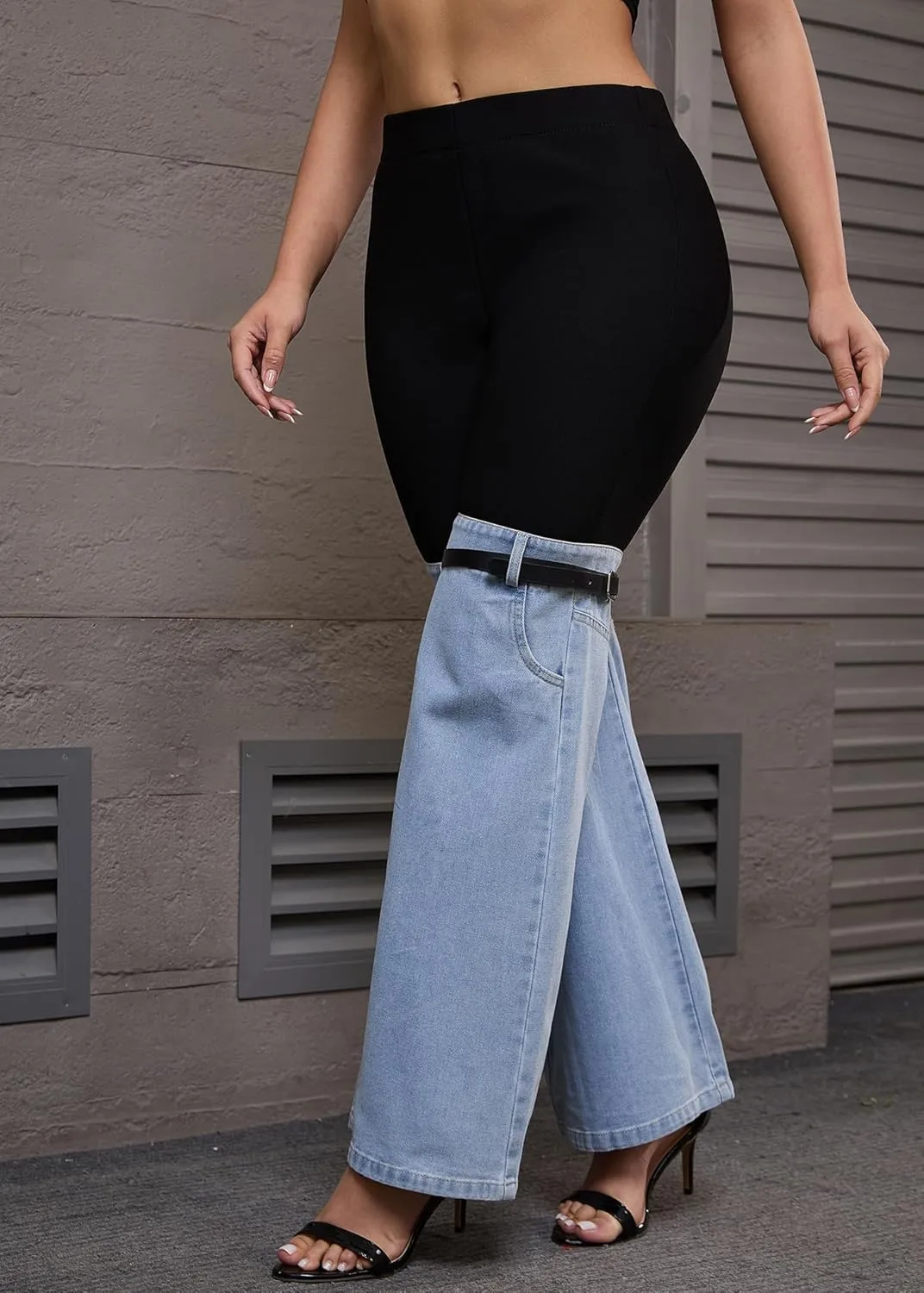 Nihsatin Women's Two Tone Denim Patchwork Flared Pants High Waisted Color Block Bell Bottom Jeans Pants
