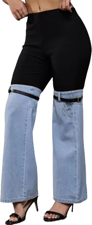 Nihsatin Women's Two Tone Denim Patchwork Flared Pants High Waisted Color Block Bell Bottom Jeans Pants