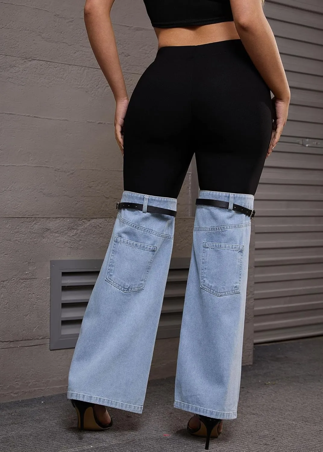 Nihsatin Women's Two Tone Denim Patchwork Flared Pants High Waisted Color Block Bell Bottom Jeans Pants