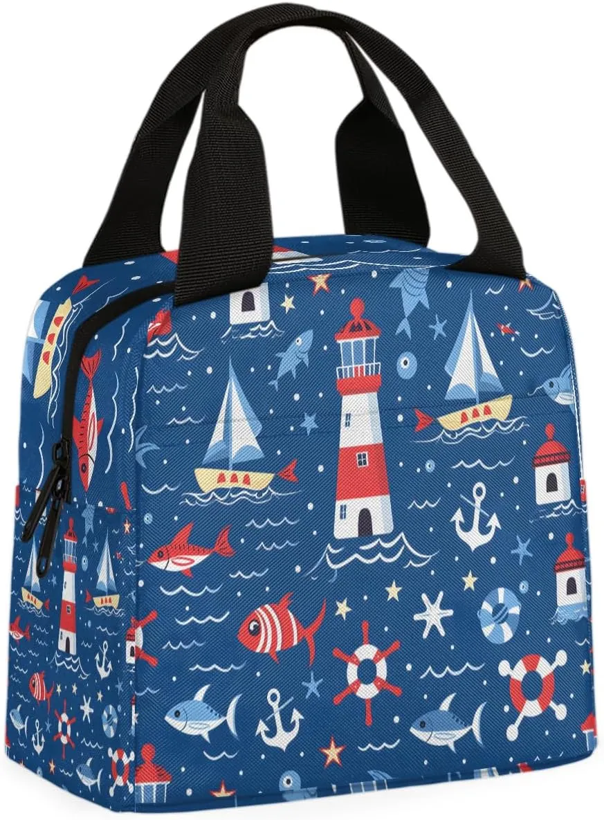 Ocean Lighthouse Lunch Bag Nautical Lighthouse Tote Lunch Bag Reusable Lunch Box Leakproof Cooler Bag