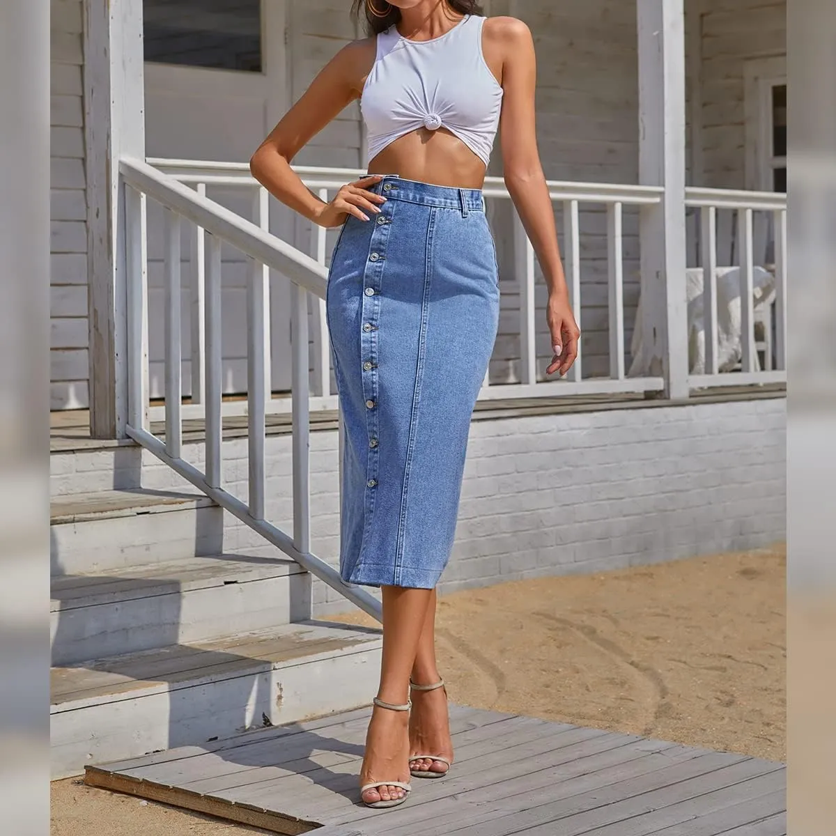ODIZLI Women's Casual High Waisted Solid Button Up Denim Jean Skirt Side Slit