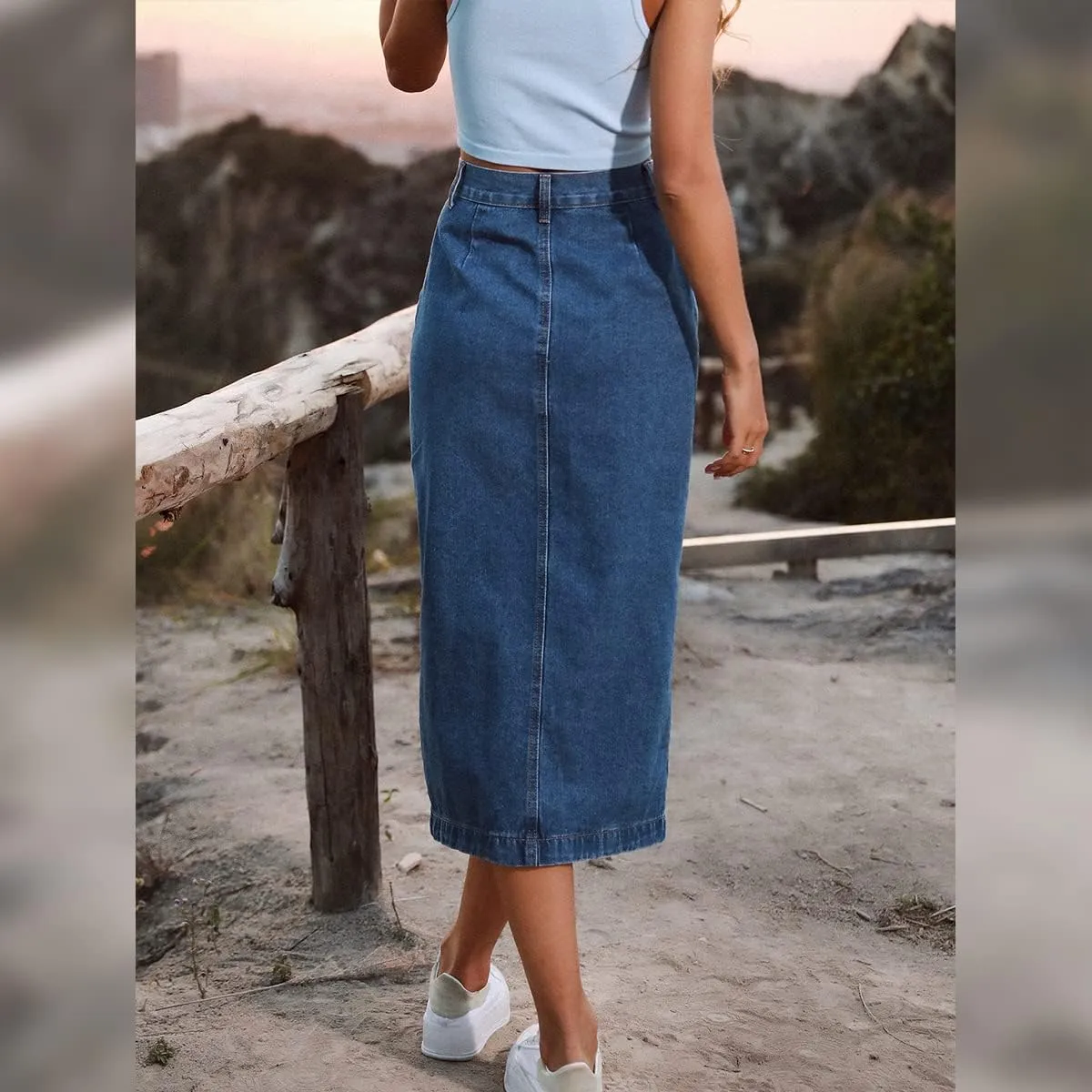 ODIZLI Women's Casual High Waisted Solid Button Up Denim Jean Skirt Side Slit