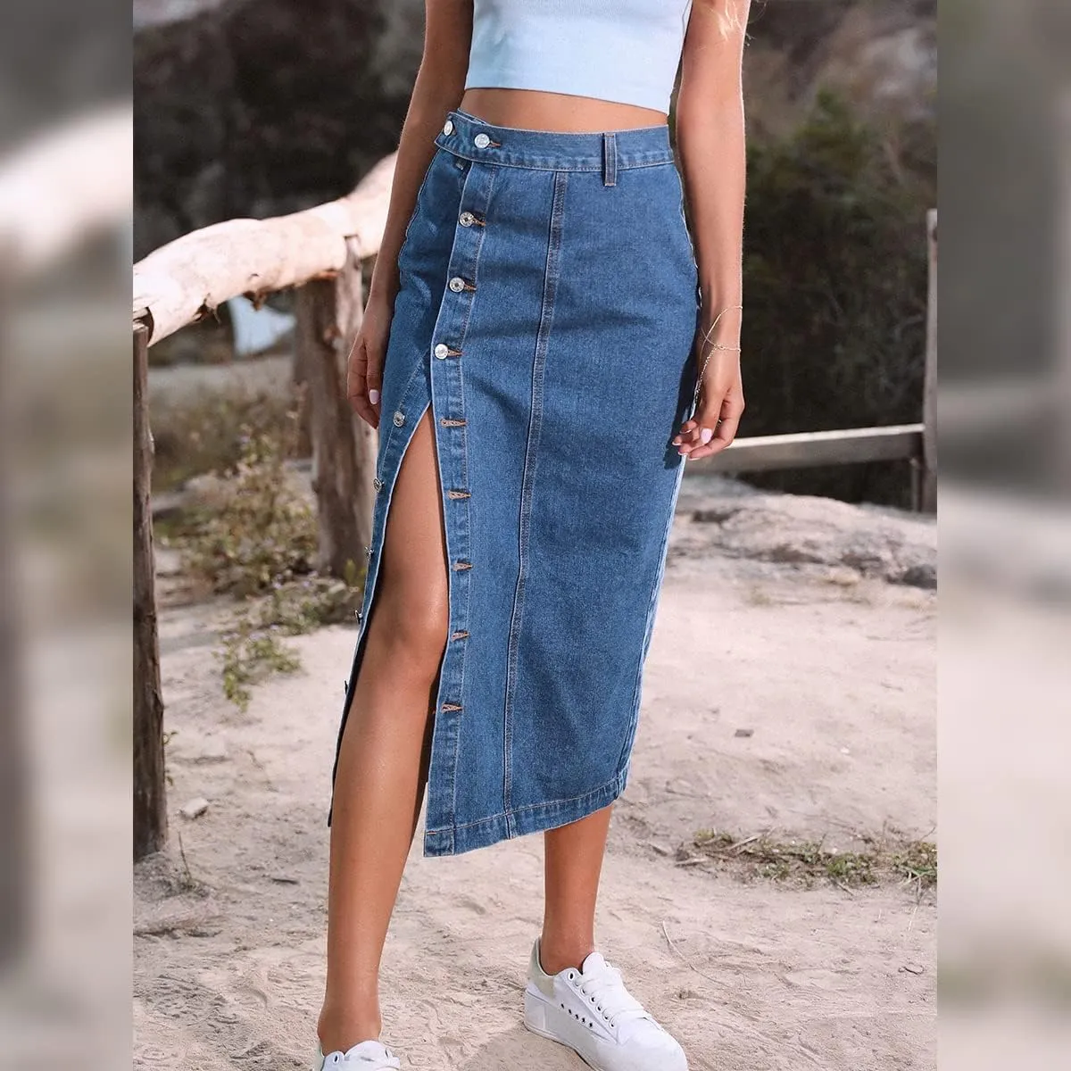 ODIZLI Women's Casual High Waisted Solid Button Up Denim Jean Skirt Side Slit