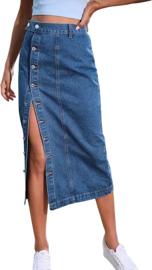 ODIZLI Women's Casual High Waisted Solid Button Up Denim Jean Skirt Side Slit