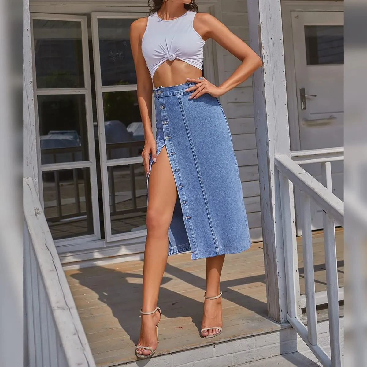 ODIZLI Women's Casual High Waisted Solid Button Up Denim Jean Skirt Side Slit