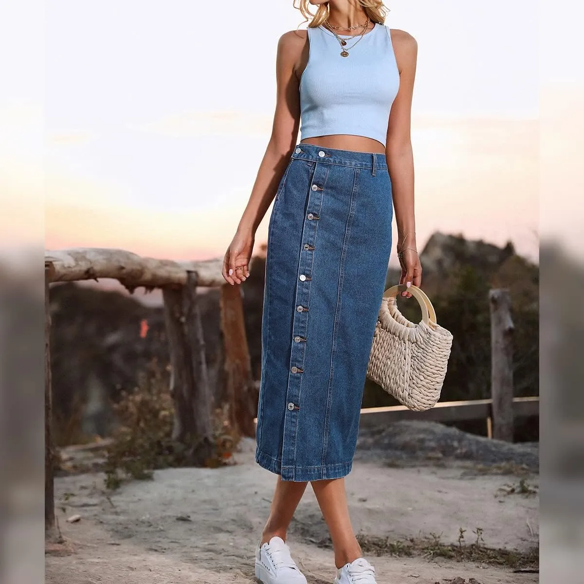 ODIZLI Women's Casual High Waisted Solid Button Up Denim Jean Skirt Side Slit