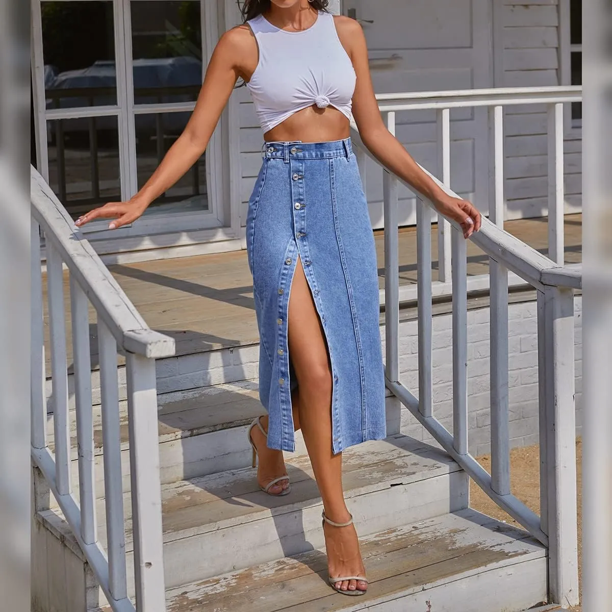 ODIZLI Women's Casual High Waisted Solid Button Up Denim Jean Skirt Side Slit