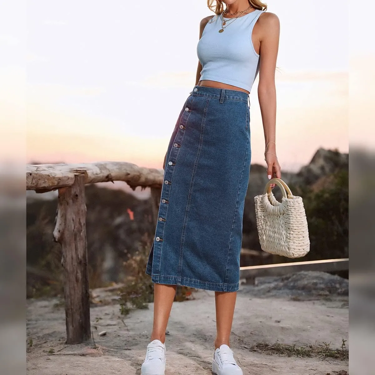 ODIZLI Women's Casual High Waisted Solid Button Up Denim Jean Skirt Side Slit