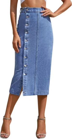 ODIZLI Women's Casual High Waisted Solid Button Up Denim Jean Skirt Side Slit
