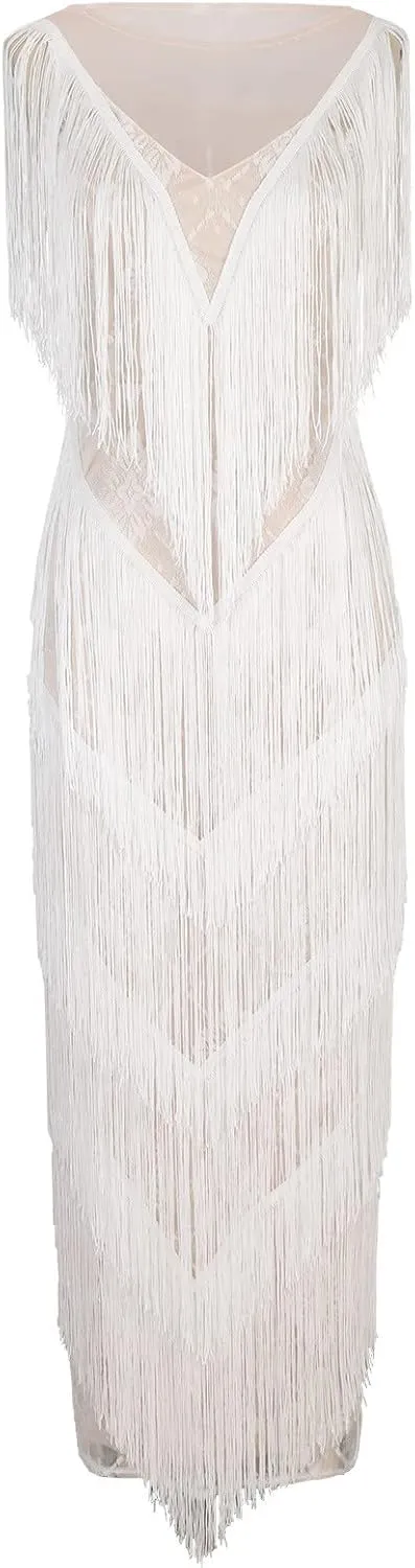 Oplxuo Women's Tassels Cocktail Dresses Sleeveless 1920s Flapper Dress Fringed Long Dress Elegant Party Prom Evening Dress