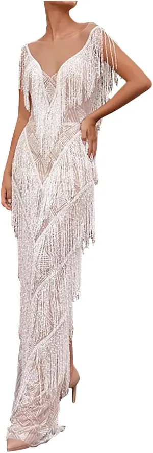 Oplxuo Women's Tassels Cocktail Dresses Sleeveless 1920s Flapper Dress Fringed Long Dress Elegant Party Prom Evening Dress