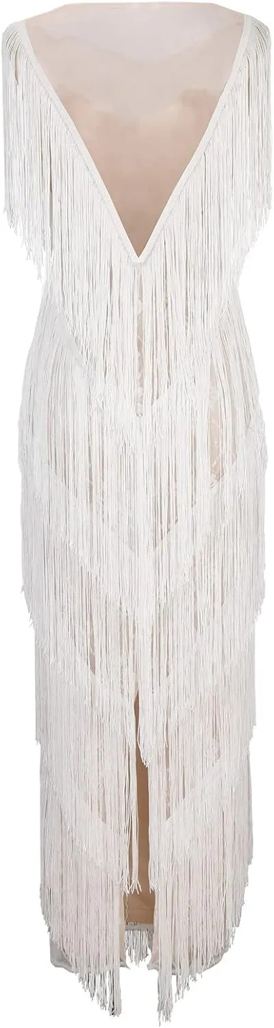 Oplxuo Women's Tassels Cocktail Dresses Sleeveless 1920s Flapper Dress Fringed Long Dress Elegant Party Prom Evening Dress