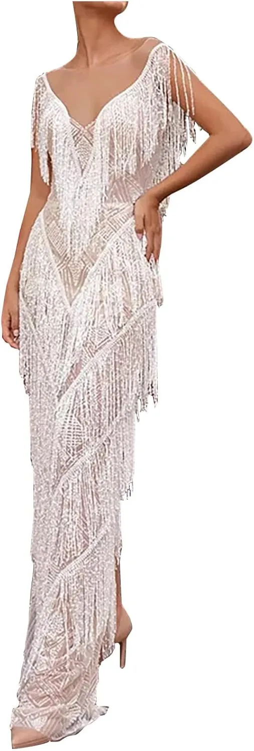 Oplxuo Women's Tassels Cocktail Dresses Sleeveless 1920s Flapper Dress Fringed Long Dress Elegant Party Prom Evening Dress