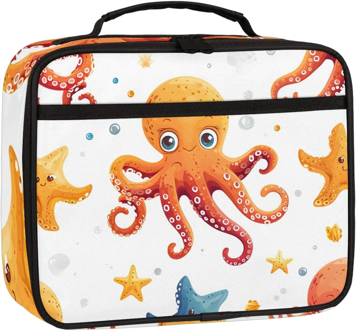 Orange Octopus Square Lunch Bag Cute Octopus Square Tote Lunch Bag Reusable Lunch Box Leakproof Cooler Bag