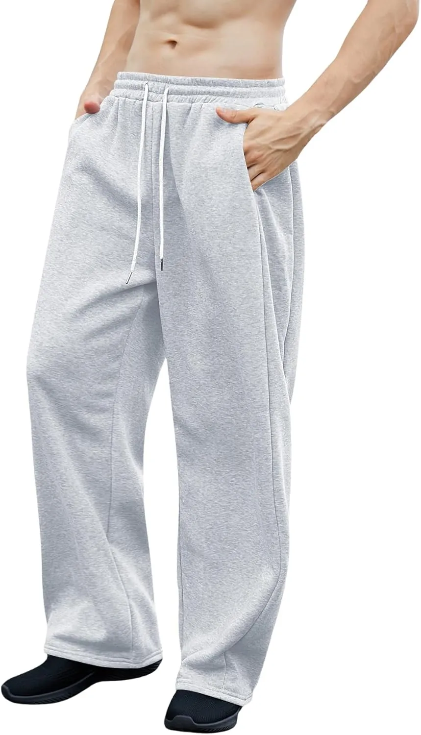 OYOANGLE Men's Drawstring Waist Straight Wide Leg Baggy Pants Workout Athletic Sweatpants with Pocket