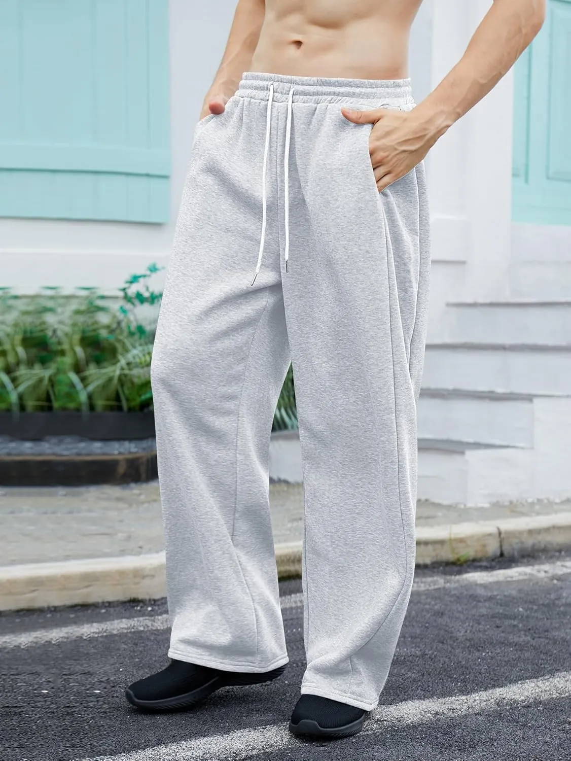 OYOANGLE Men's Drawstring Waist Straight Wide Leg Baggy Pants Workout Athletic Sweatpants with Pocket