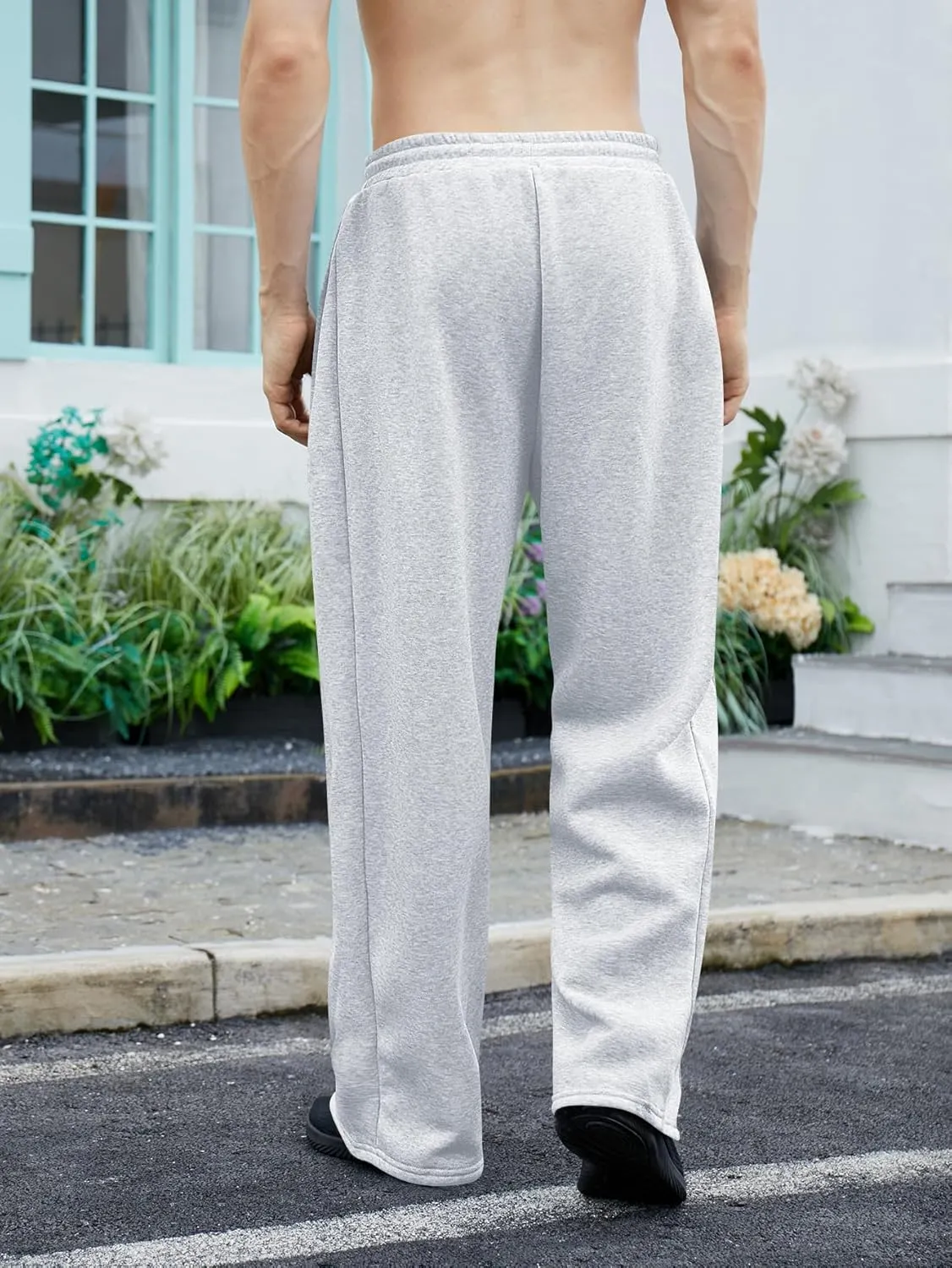 OYOANGLE Men's Drawstring Waist Straight Wide Leg Baggy Pants Workout Athletic Sweatpants with Pocket