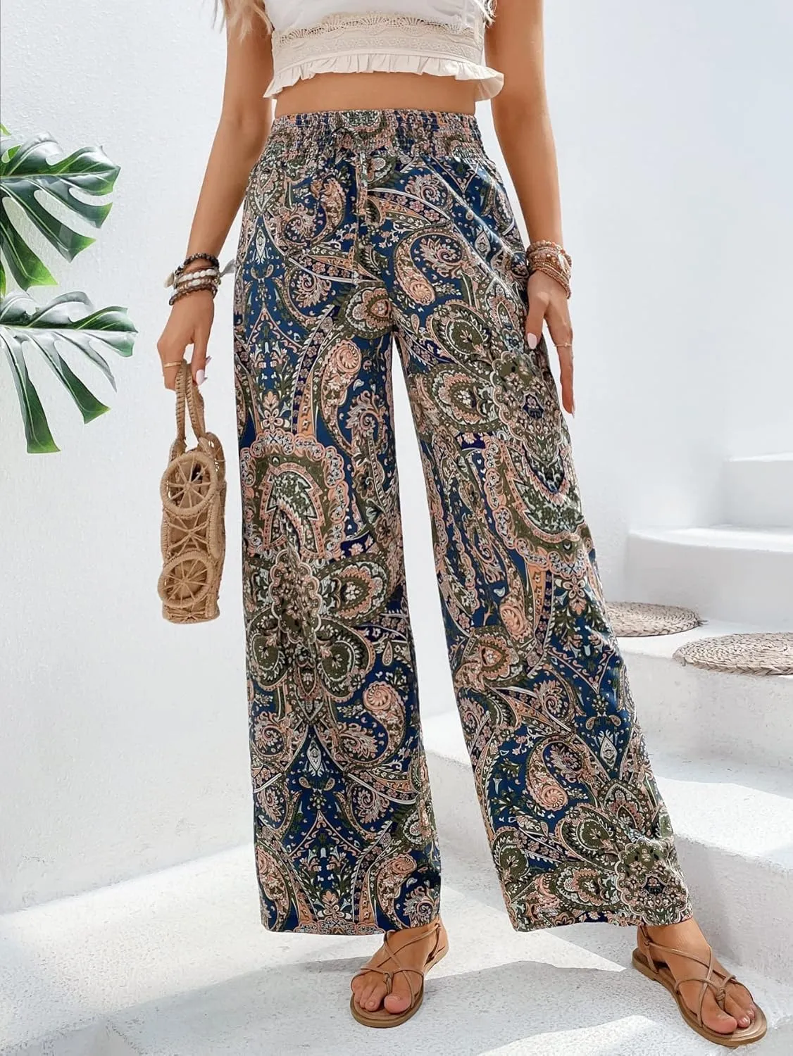 OYOANGLE Women's Boho Paisley Print High Elastic Waist Loose Wide Leg Pants Palazzo Trousers