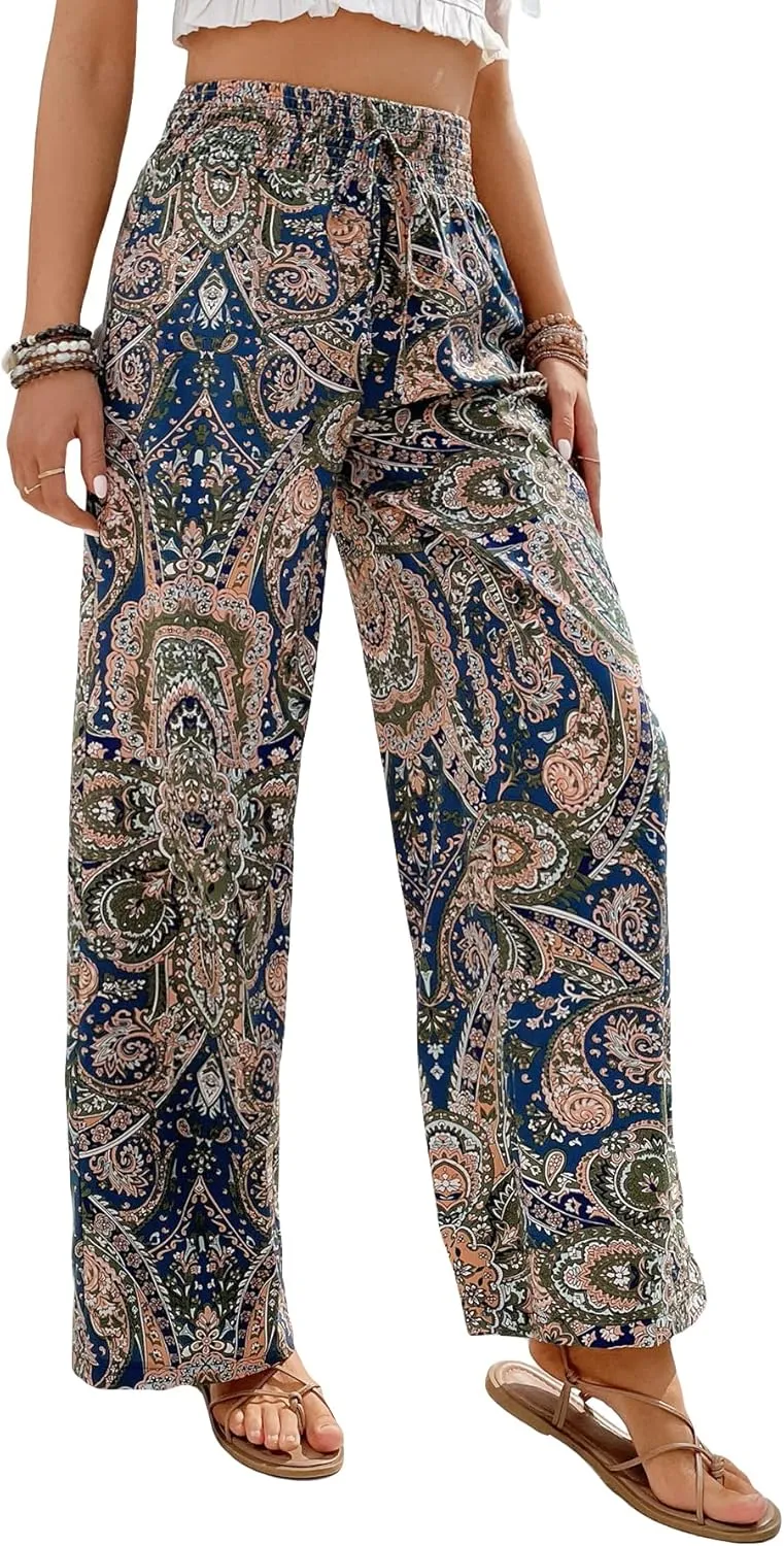 OYOANGLE Women's Boho Paisley Print High Elastic Waist Loose Wide Leg Pants Palazzo Trousers
