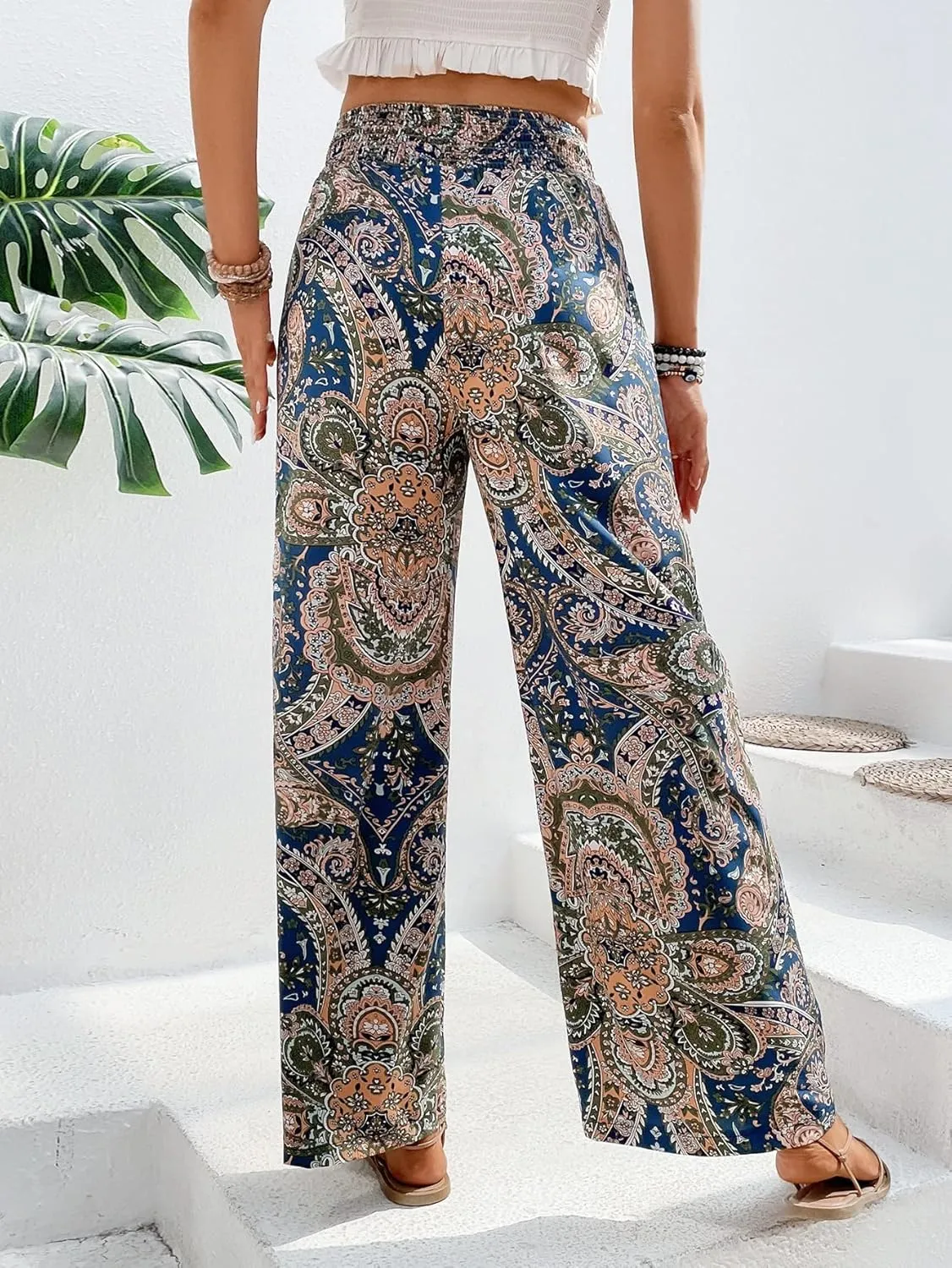 OYOANGLE Women's Boho Paisley Print High Elastic Waist Loose Wide Leg Pants Palazzo Trousers