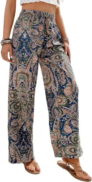 OYOANGLE Women's Boho Paisley Print High Elastic Waist Loose Wide Leg Pants Palazzo Trousers