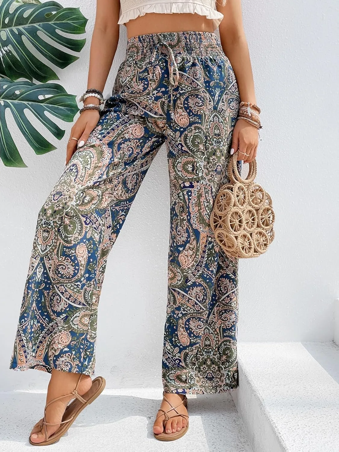 OYOANGLE Women's Boho Paisley Print High Elastic Waist Loose Wide Leg Pants Palazzo Trousers