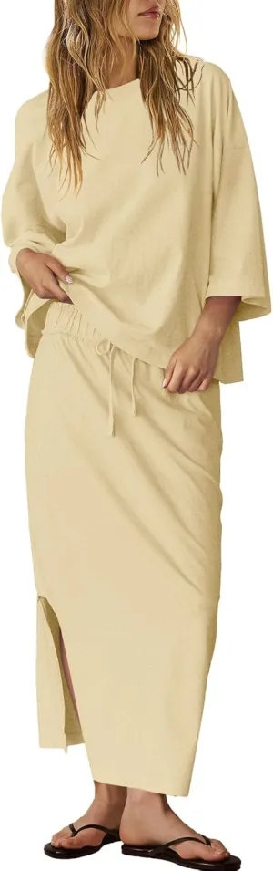 Panadila Womens 2 Piece Skirt Sets Matching Vacation Outfits Oversized Shirt and Maxi Skirt Set with Pockets