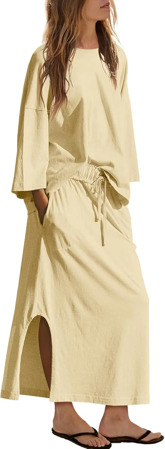 Panadila Womens 2 Piece Skirt Sets Matching Vacation Outfits Oversized Shirt and Maxi Skirt Set with Pockets