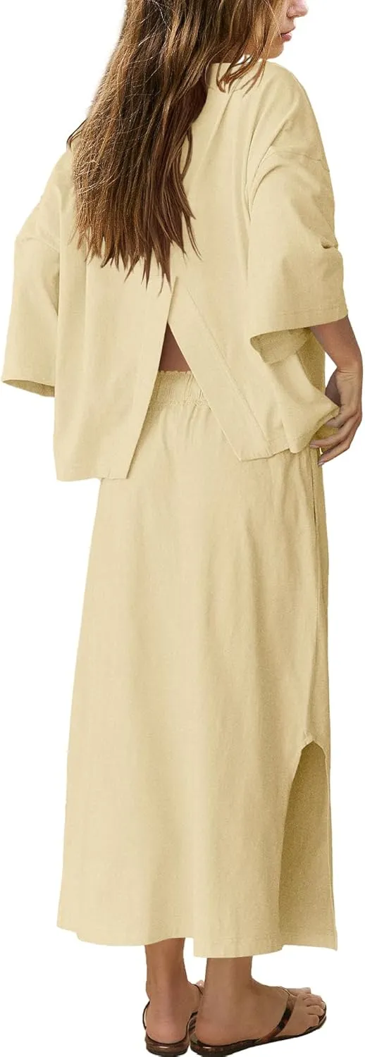 Panadila Womens 2 Piece Skirt Sets Matching Vacation Outfits Oversized Shirt and Maxi Skirt Set with Pockets