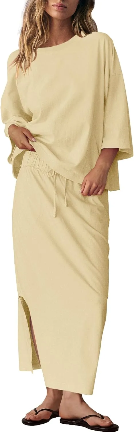 Panadila Womens 2 Piece Skirt Sets Matching Vacation Outfits Oversized Shirt and Maxi Skirt Set with Pockets
