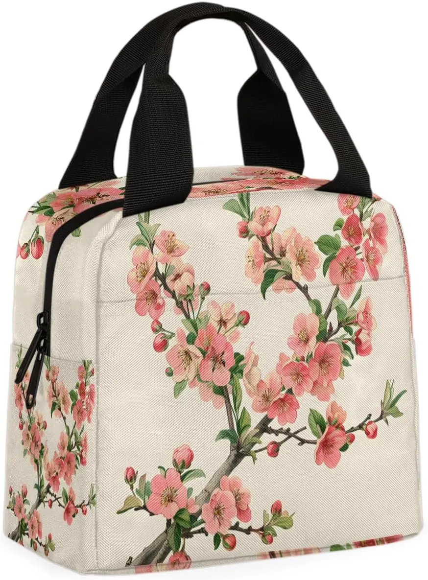 Peach Blossom Lunch Bag Pink Peach Blossom Tree Tote Lunch Bag Reusable Lunch Box Leakproof Cooler Bag