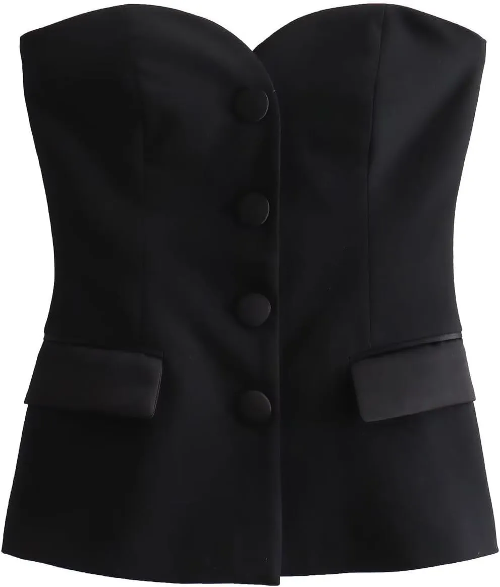 Perbai Womens Sleeveless Blazer Tube Top Off Shoulder Button Front Fitted Strapless Work Business Bandeau Vest