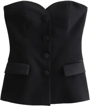 Perbai Womens Sleeveless Blazer Tube Top Off Shoulder Button Front Fitted Strapless Work Business Bandeau Vest