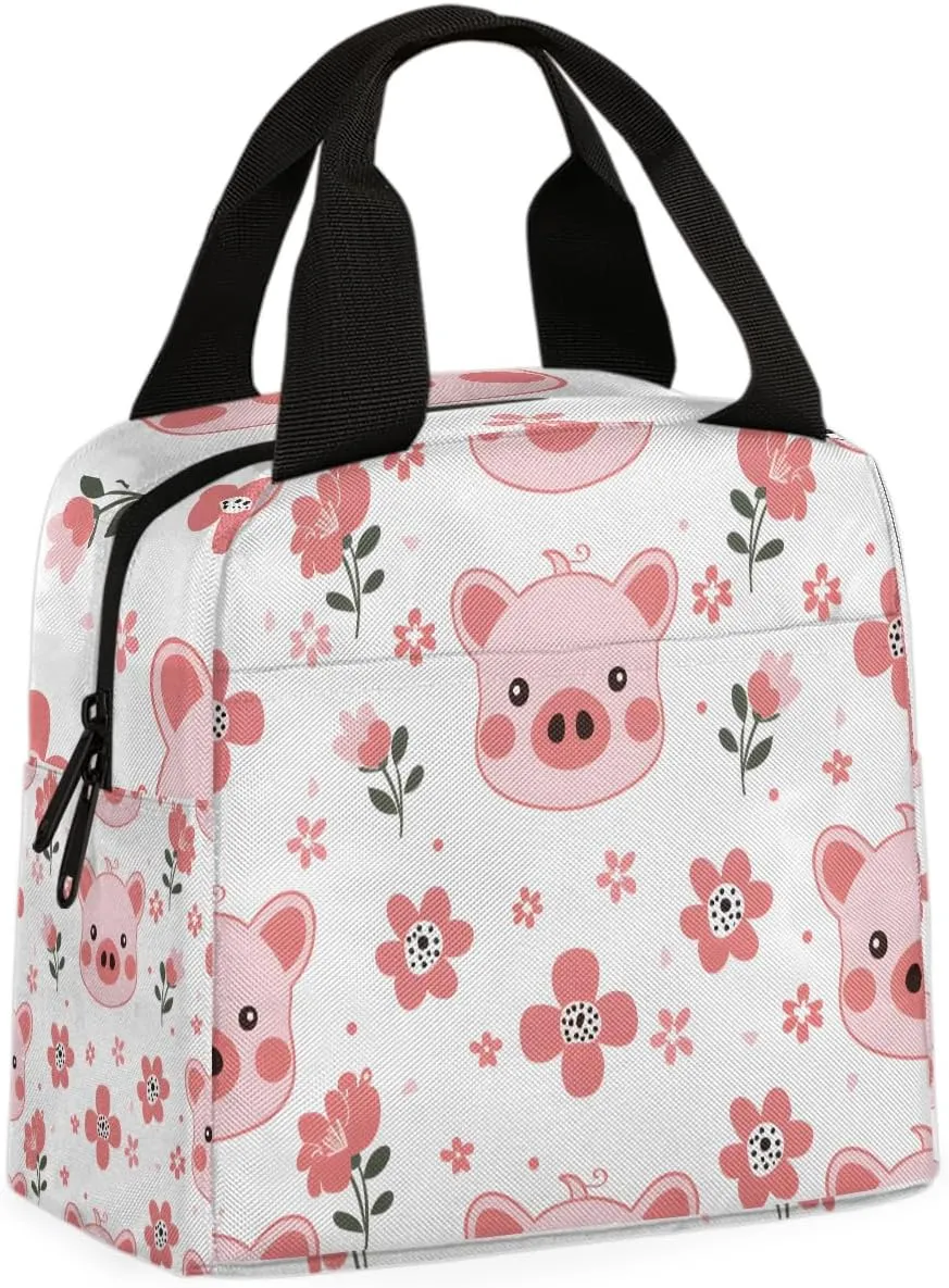 Pig Flower Lunch Bag Cute Piggy Tote Lunch Bag Reusable Lunch Box Leakproof Cooler Bag