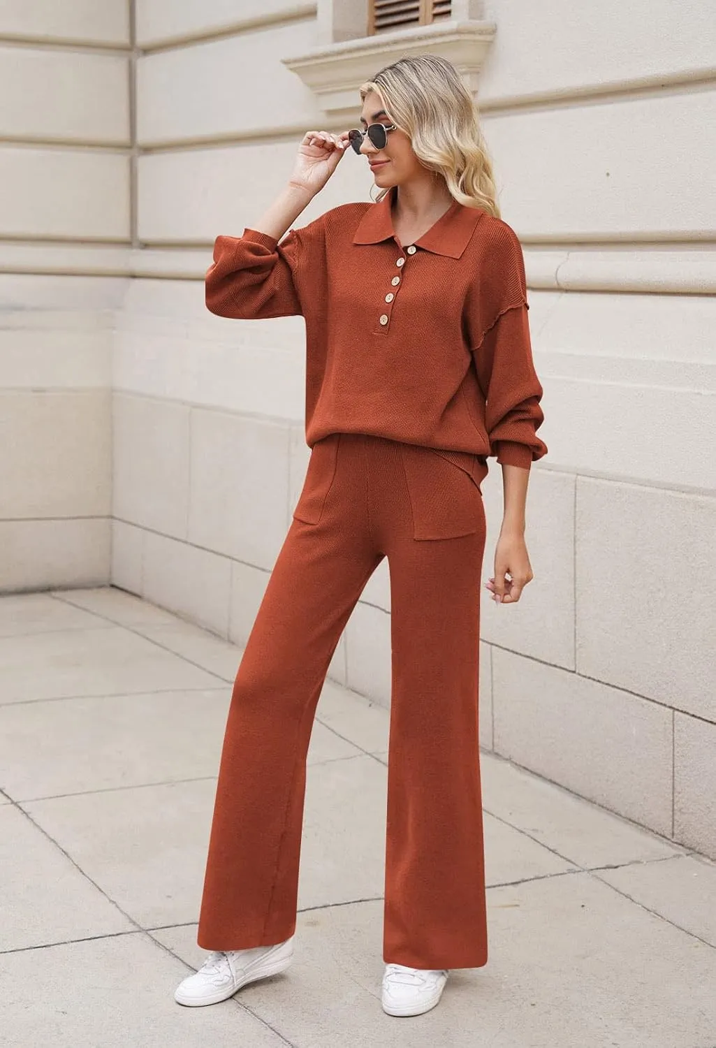 Pink Queen Women's 2 Piece Outfit Sweater Set Long Sleeve Button Knit Pullover Top Wide Leg Pants Pocket Sweatsuit