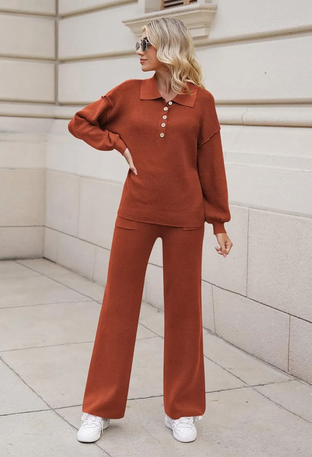 Pink Queen Women's 2 Piece Outfit Sweater Set Long Sleeve Button Knit Pullover Top Wide Leg Pants Pocket Sweatsuit