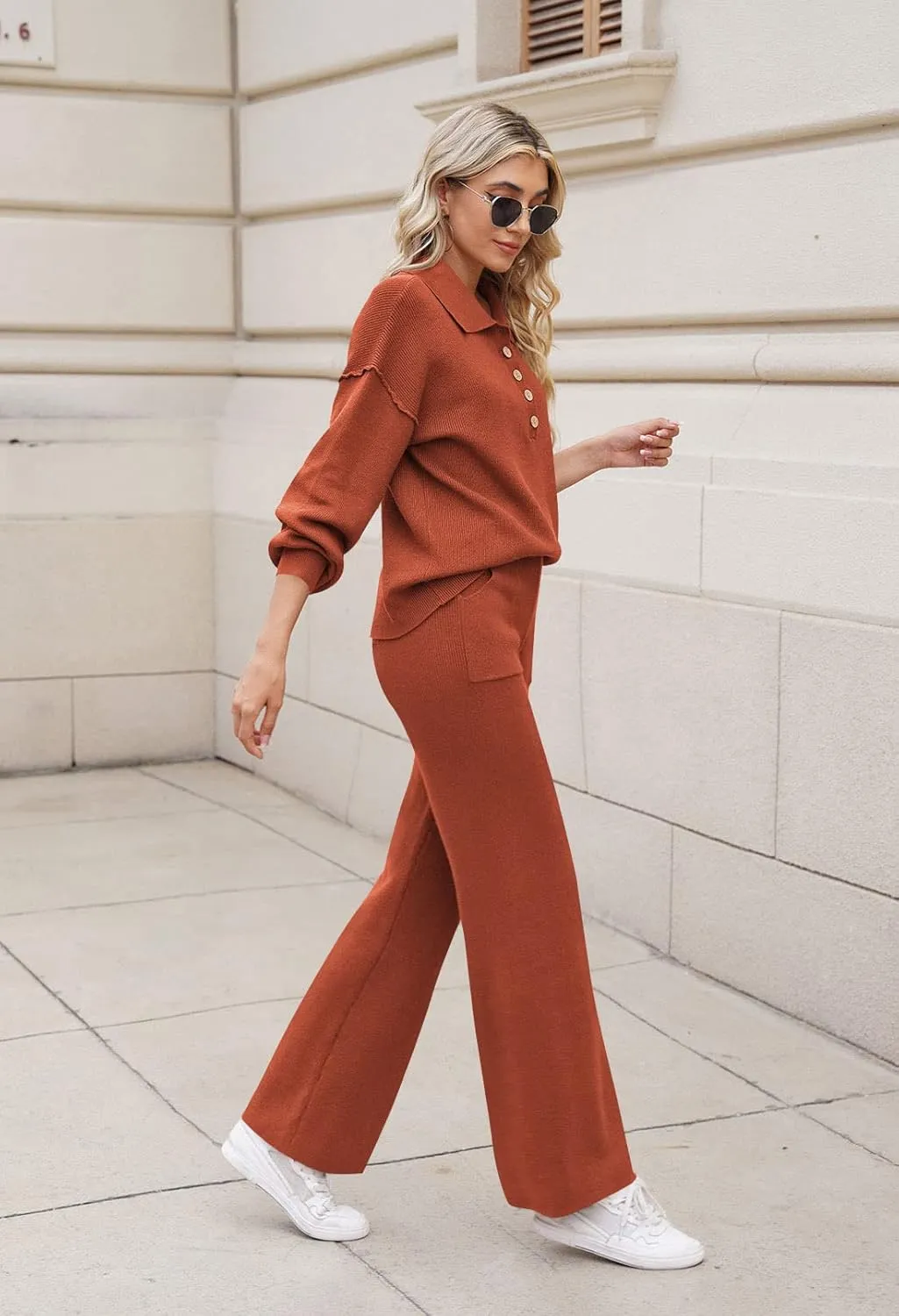 Pink Queen Women's 2 Piece Outfit Sweater Set Long Sleeve Button Knit Pullover Top Wide Leg Pants Pocket Sweatsuit