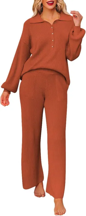 Pink Queen Women's 2 Piece Outfit Sweater Set Long Sleeve Button Knit Pullover Top Wide Leg Pants Pocket Sweatsuit