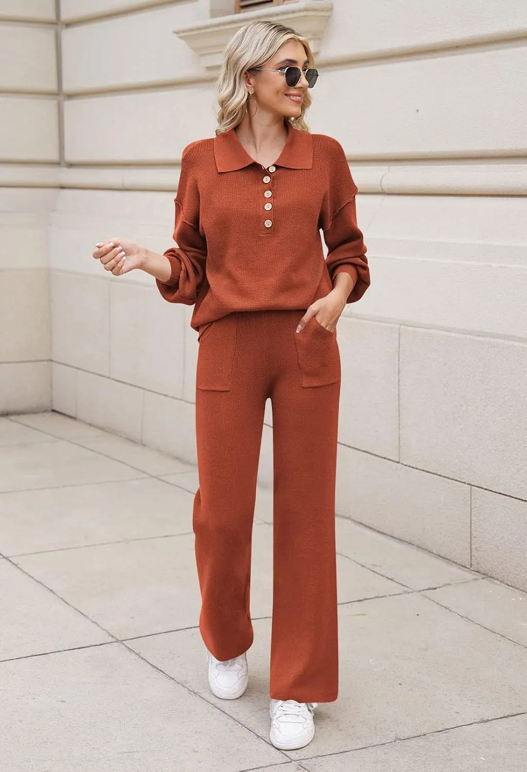 Pink Queen Women's 2 Piece Outfit Sweater Set Long Sleeve Button Knit Pullover Top Wide Leg Pants Pocket Sweatsuit
