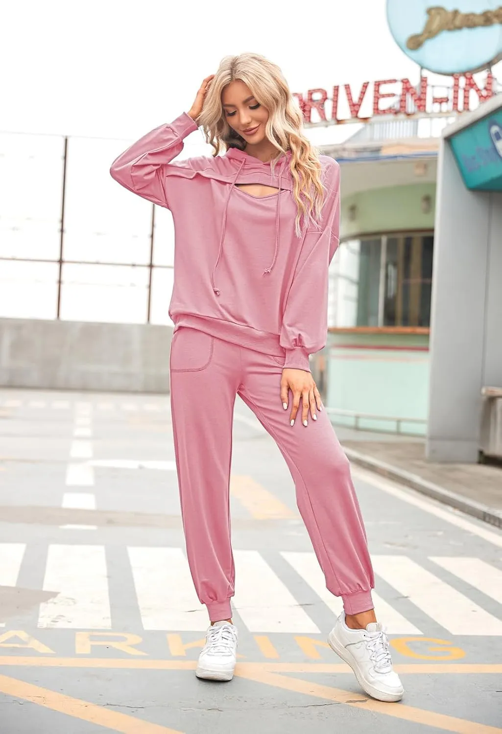 Pink Queen Womens 2 Piece Sweatsuit Outfits Long Sleeve Cutout Hoodies and Drawstring Pants Tracksuit Lounge Set with Pockets