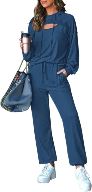 Pink Queen Womens 2 Piece Sweatsuit Outfits Long Sleeve Cutout Hoodies and Drawstring Pants Tracksuit Lounge Set with Pockets