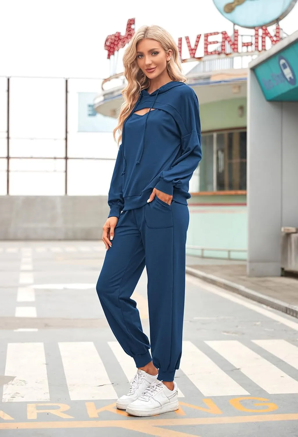 Pink Queen Womens 2 Piece Sweatsuit Outfits Long Sleeve Cutout Hoodies and Drawstring Pants Tracksuit Lounge Set with Pockets