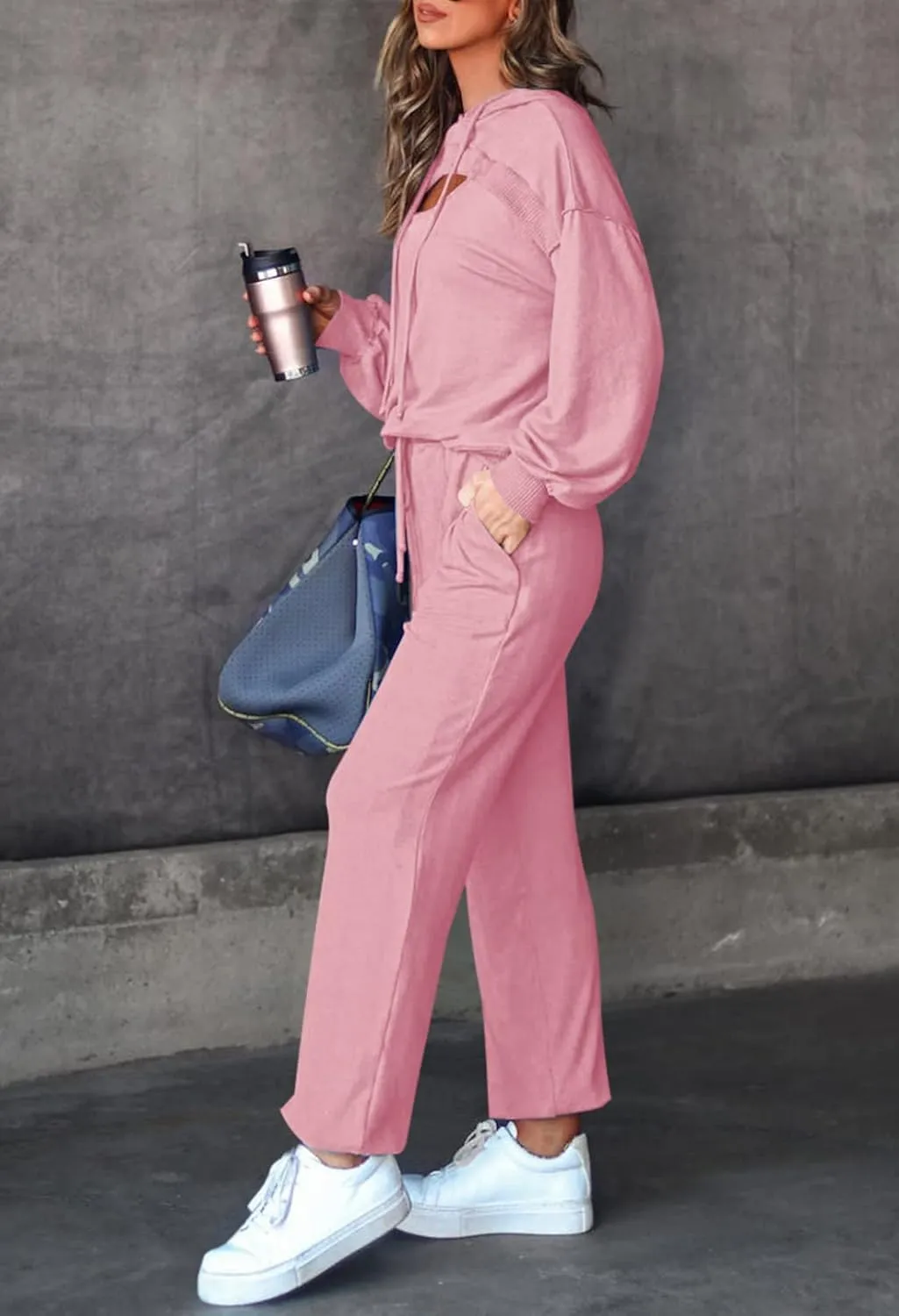 Pink Queen Womens 2 Piece Sweatsuit Outfits Long Sleeve Cutout Hoodies and Drawstring Pants Tracksuit Lounge Set with Pockets