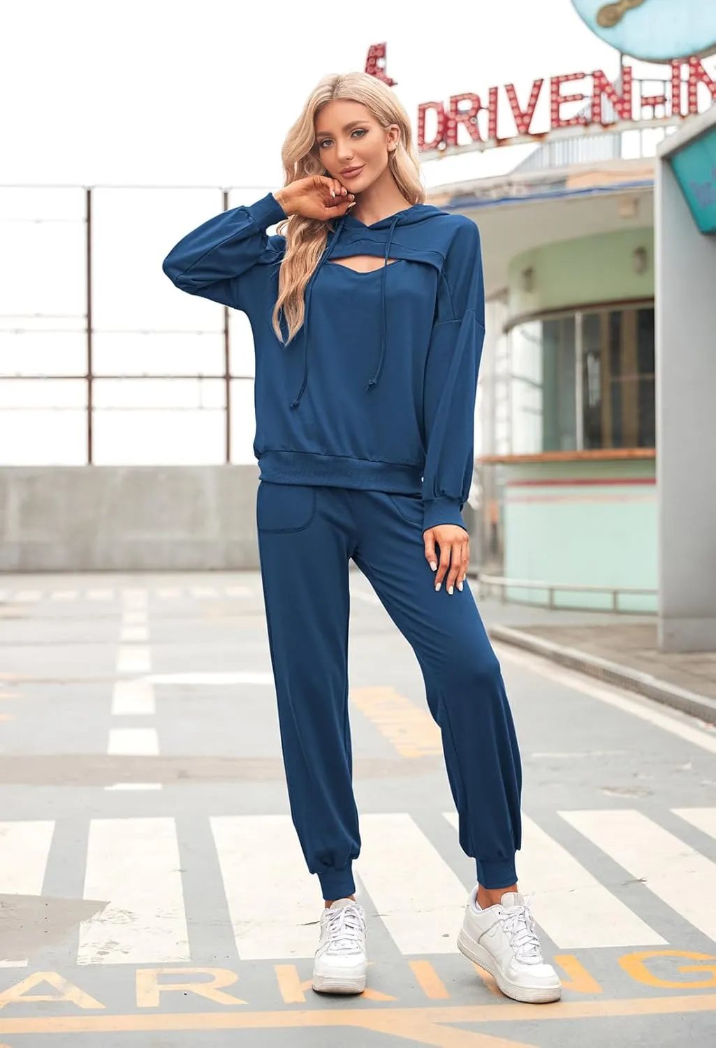 Pink Queen Womens 2 Piece Sweatsuit Outfits Long Sleeve Cutout Hoodies and Drawstring Pants Tracksuit Lounge Set with Pockets