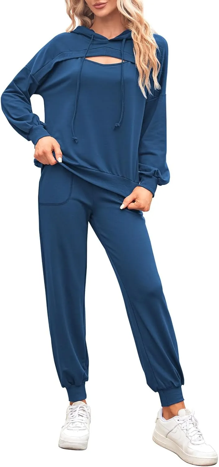 Pink Queen Womens 2 Piece Sweatsuit Outfits Long Sleeve Cutout Hoodies and Drawstring Pants Tracksuit Lounge Set with Pockets
