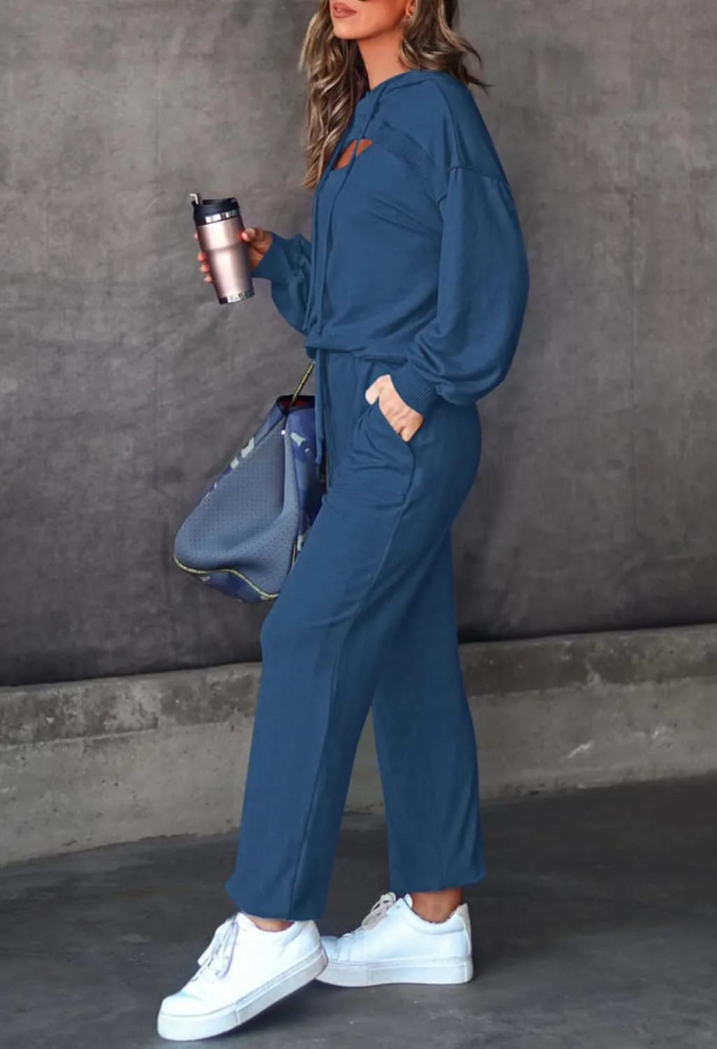 Pink Queen Womens 2 Piece Sweatsuit Outfits Long Sleeve Cutout Hoodies and Drawstring Pants Tracksuit Lounge Set with Pockets