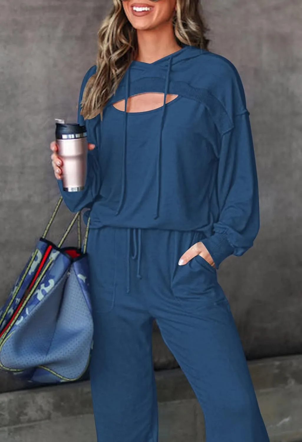 Pink Queen Womens 2 Piece Sweatsuit Outfits Long Sleeve Cutout Hoodies and Drawstring Pants Tracksuit Lounge Set with Pockets