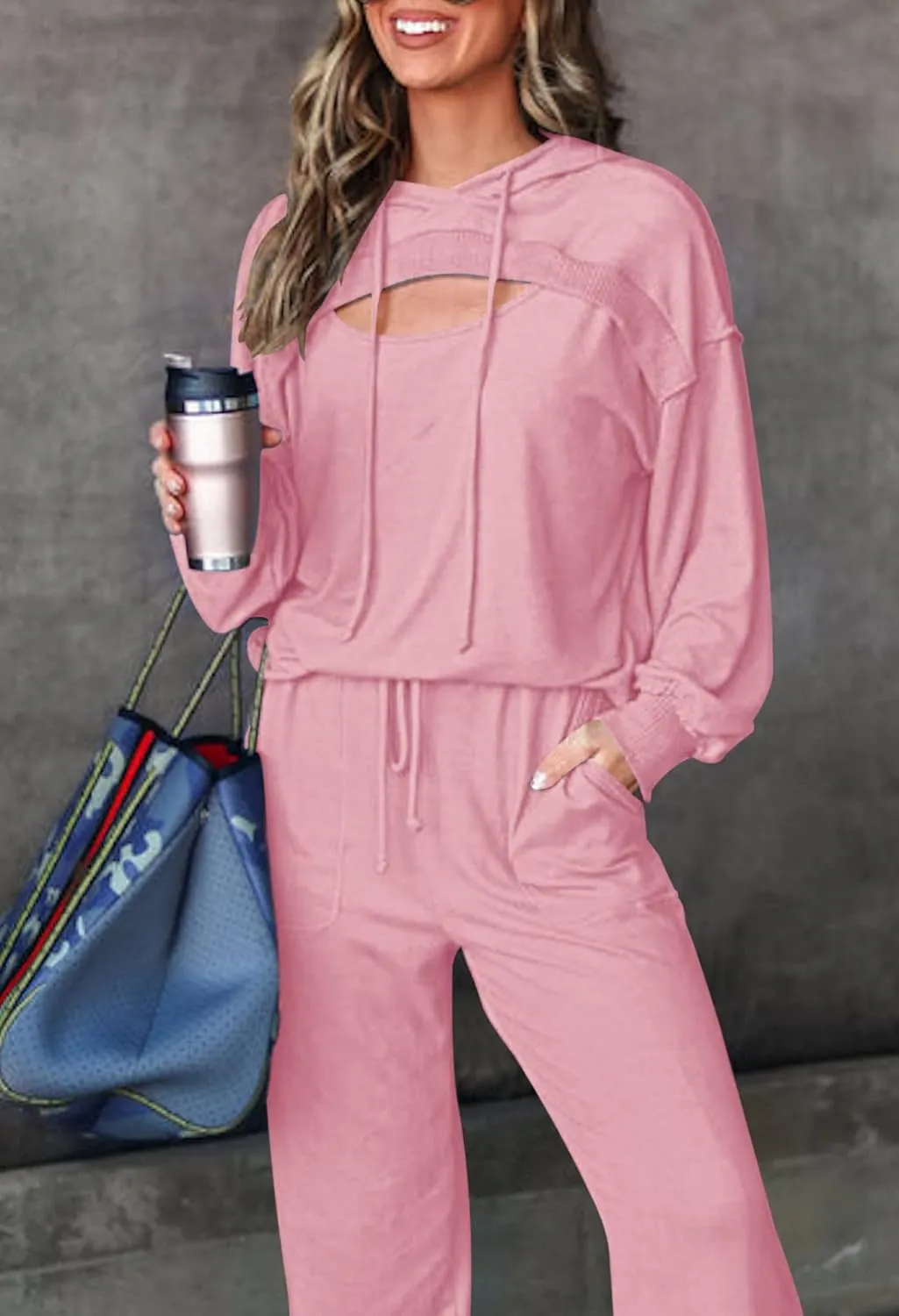 Pink Queen Womens 2 Piece Sweatsuit Outfits Long Sleeve Cutout Hoodies and Drawstring Pants Tracksuit Lounge Set with Pockets