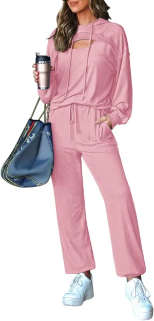 Pink Queen Womens 2 Piece Sweatsuit Outfits Long Sleeve Cutout Hoodies and Drawstring Pants Tracksuit Lounge Set with Pockets